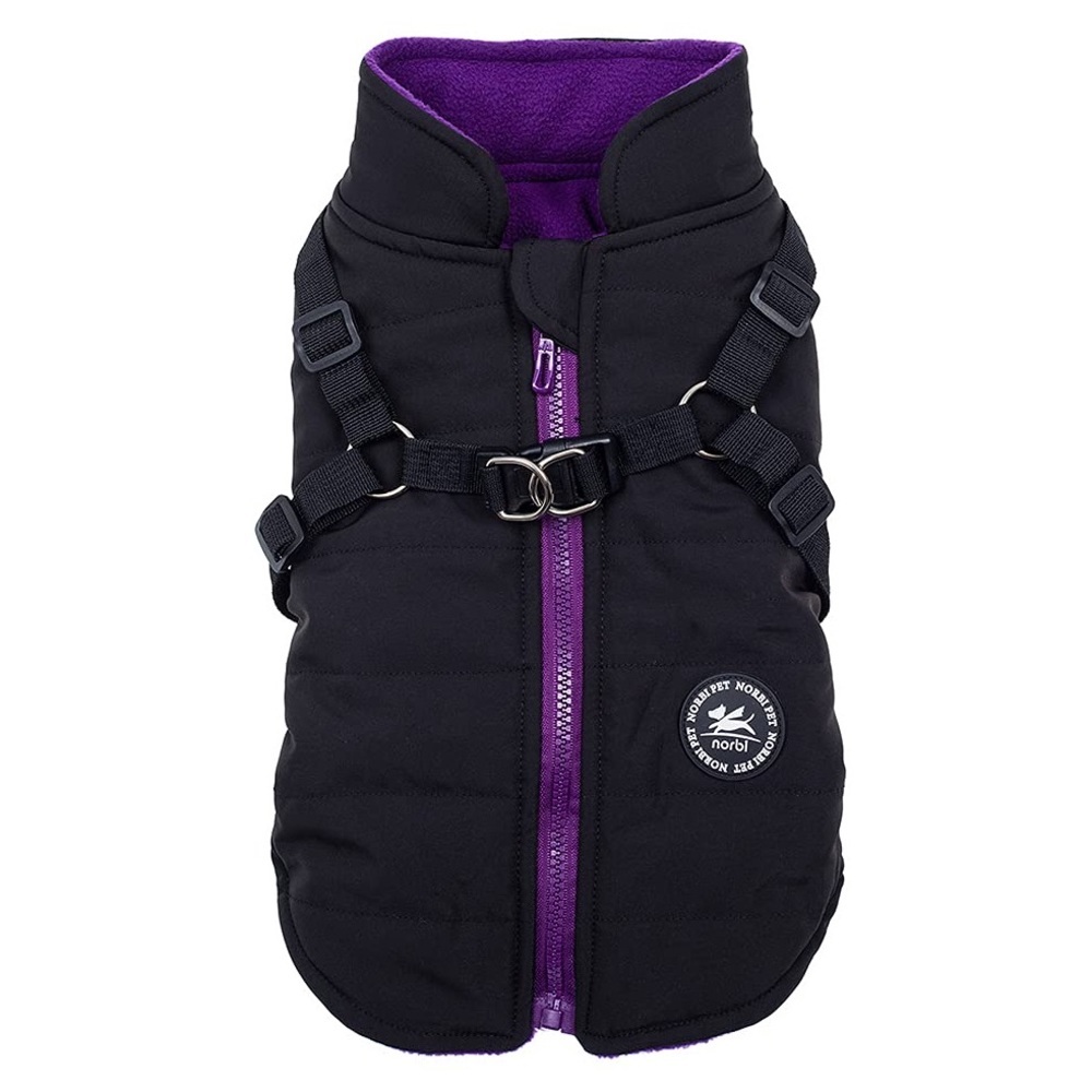 NWT Norbi Fleece Winter Dog Jacket Size Small Black Purple Harness Full Zipper